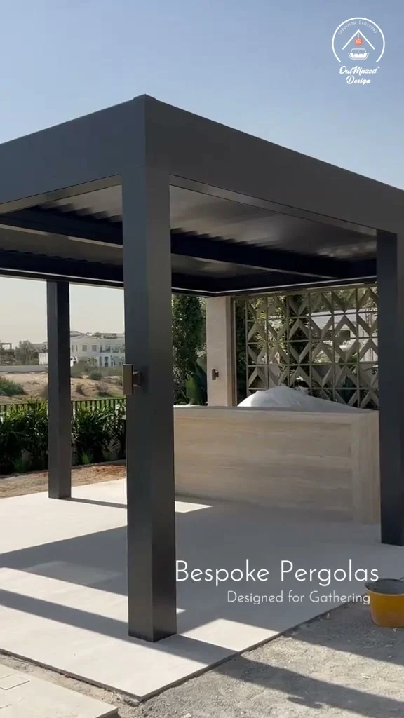 Still from one of our Dubai garden project videos, showing a louvred pergola over an outdoor counter