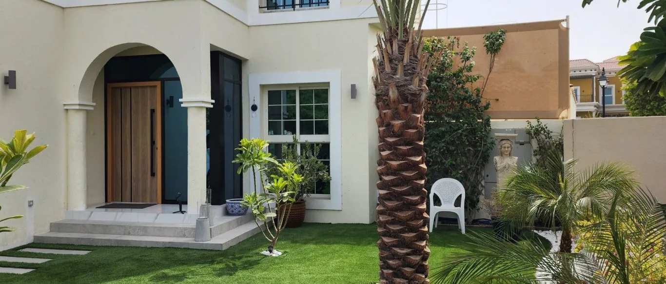 Renovated villa entrance and front garden of OutMazed Project Beyond, Dubai Land