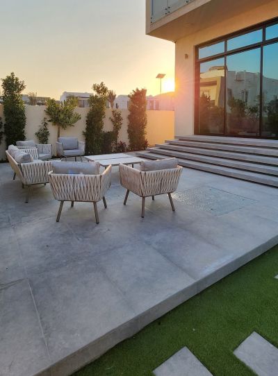 Villa terrace with outdoor seating, planting and paving, Project Cliff