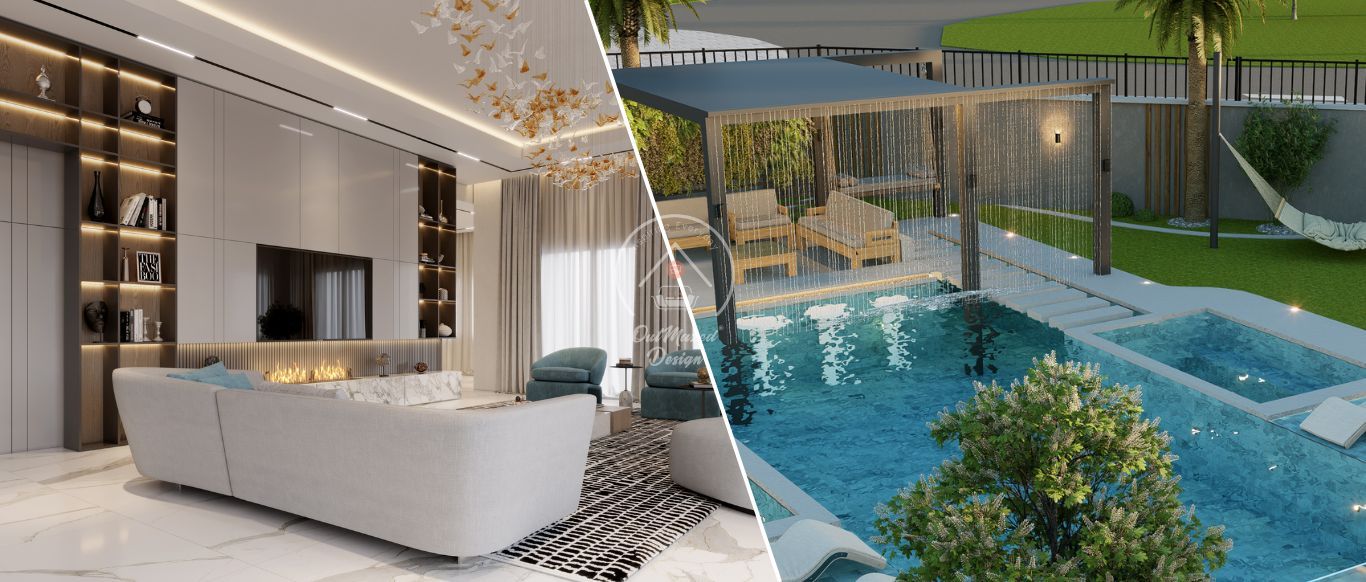 3D visual of a living room with a media wall next to a pool area with a pergola, Project Lifetime, The Villa