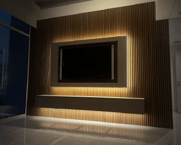 Backlit slatted timber TV wall with a recessed screen panel, Project Mudon, Arabella, Mudon
